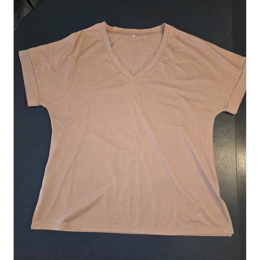 Tan V-Neck Short Sleeve Dolman Top XL Camel Neutral Basic Side‎ Slit Tee